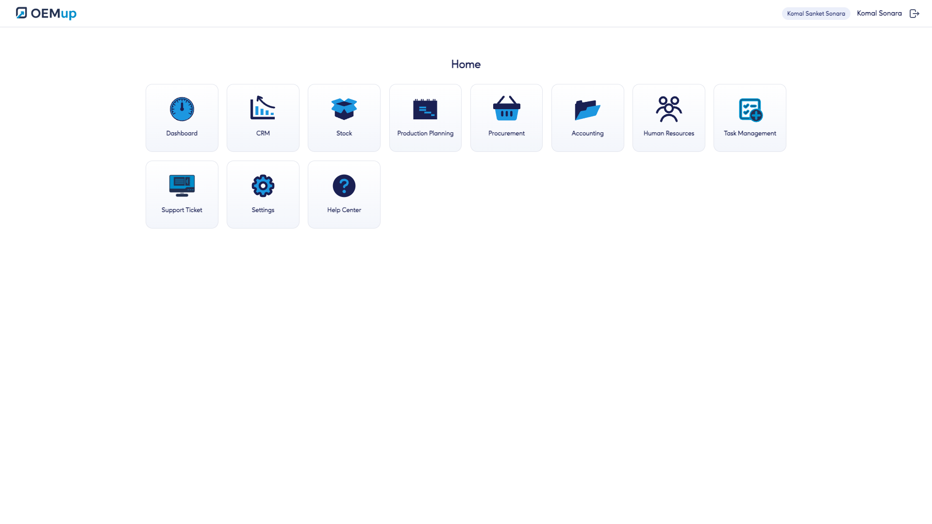 OEMup module launcher &mdash; Dashboard, CRM, Stock, Production Planning, Procurement, Accounting, HR, Tasks, Support and Settings in one screen